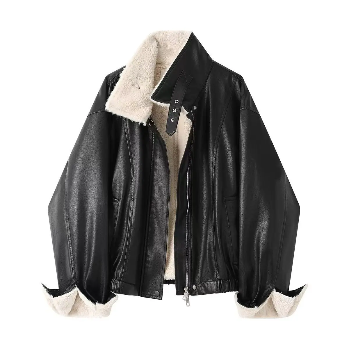 

Retro Fleece Lined Short Biker Jacket Women's Winter American Style Lamb Fur Coat Stand Collar Zipper Closure Long Sleeve Jacket