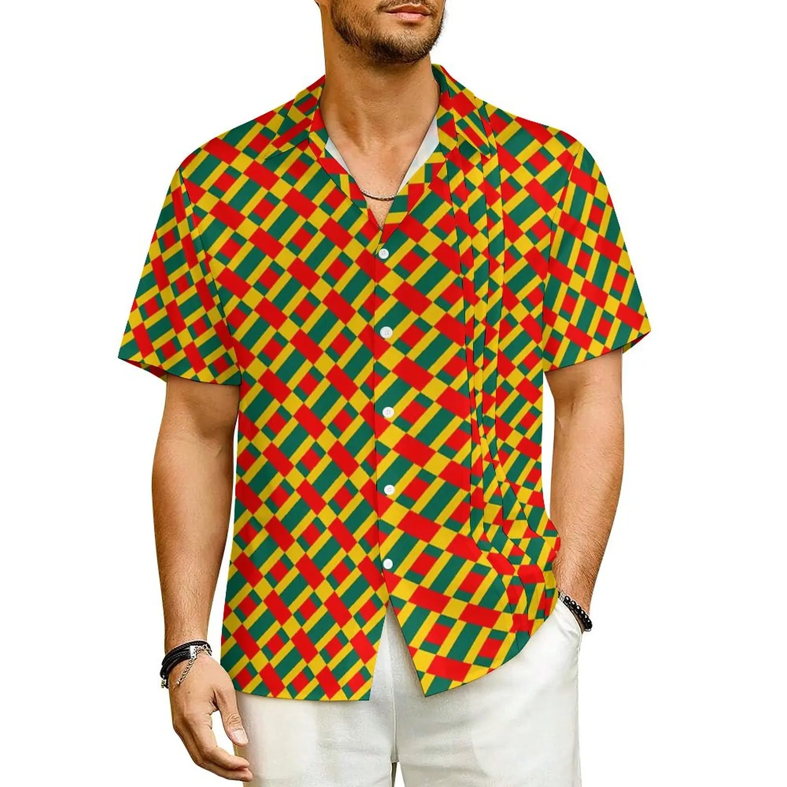 

Hawaiian Shirt Beach Patchwork Blouses Green Yellow Block Trendy Casual Shirts Man Short Sleeve Street Style Plus Size Tops