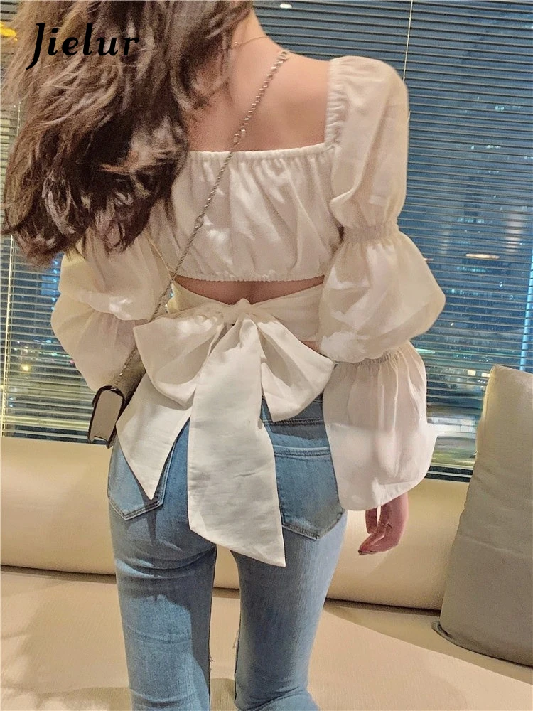 Jielur 2022 Summer Elegant Casual Blouses Women Long Sleeve Backless Bow Vintage Tops Korean Fashion Y2K Shirts Square Collar