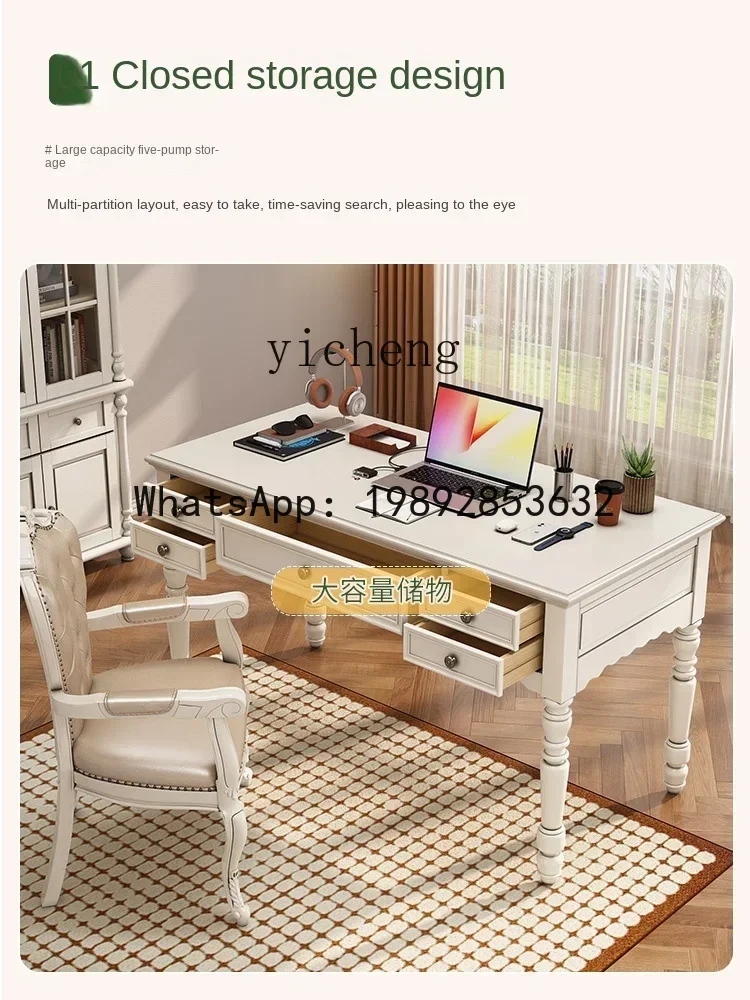 

white solid wood log desk household computer desk with drawers bookshelf combination desk