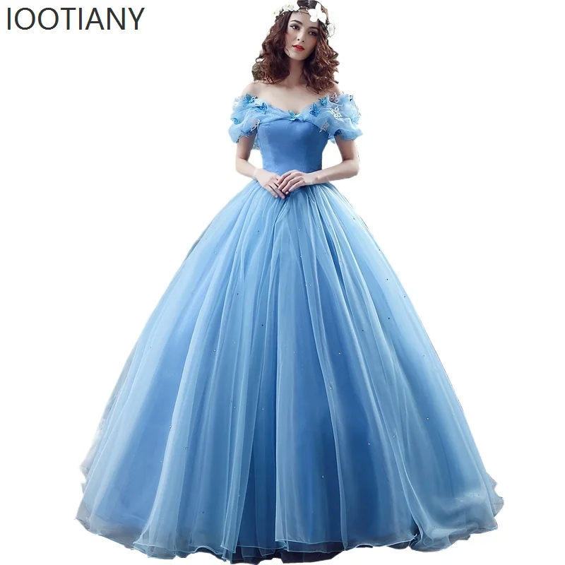 

IOOTIANY Adult Ladies Blue Dress Off The Shoulder Bow Organza Sweet Temperament Elegant Cinderella Dress Masquerade Party Dress