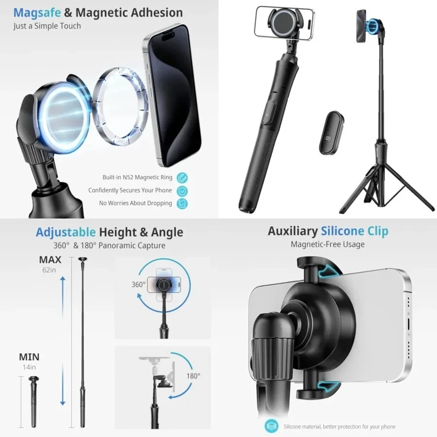 

62'' Magnetic Selfie Stick Phone Tripod with Wireless Remote, Extendable Cell Phone Tripod Stand, Compatible with MagSafe, Cellphone Tripod for iPhone 17 16 15 14 13 12 and Android Phones