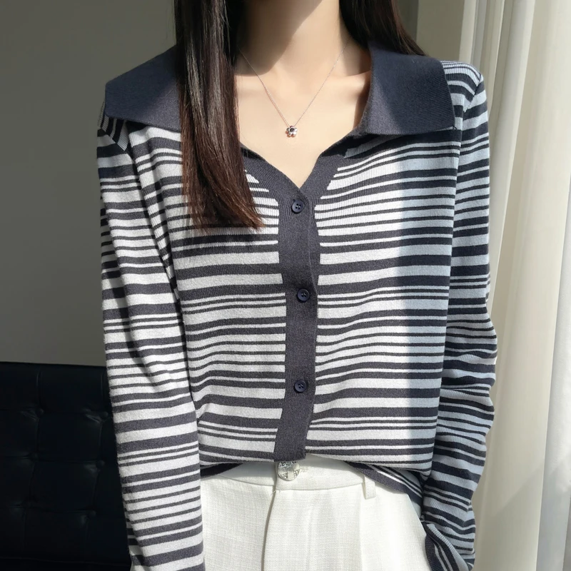 Spring Autumn New Women Fine Wool Warm Sweater Polo Collar Stripe Color Matching Cardigan Casual Knitted Soft Jacket Top