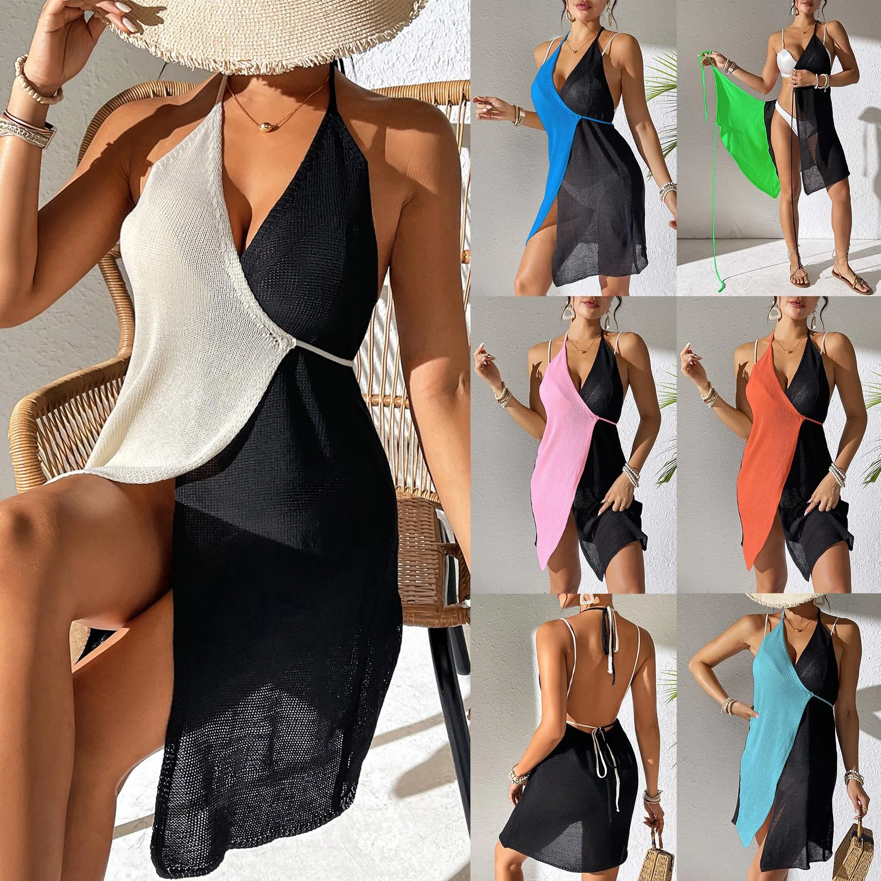 Beach Coverups For Women Bathroom 2024 Summer Cardigan Cape Swimsuit Robe Bath Exits Hollow Out Color Patchwork Sexy Knitted