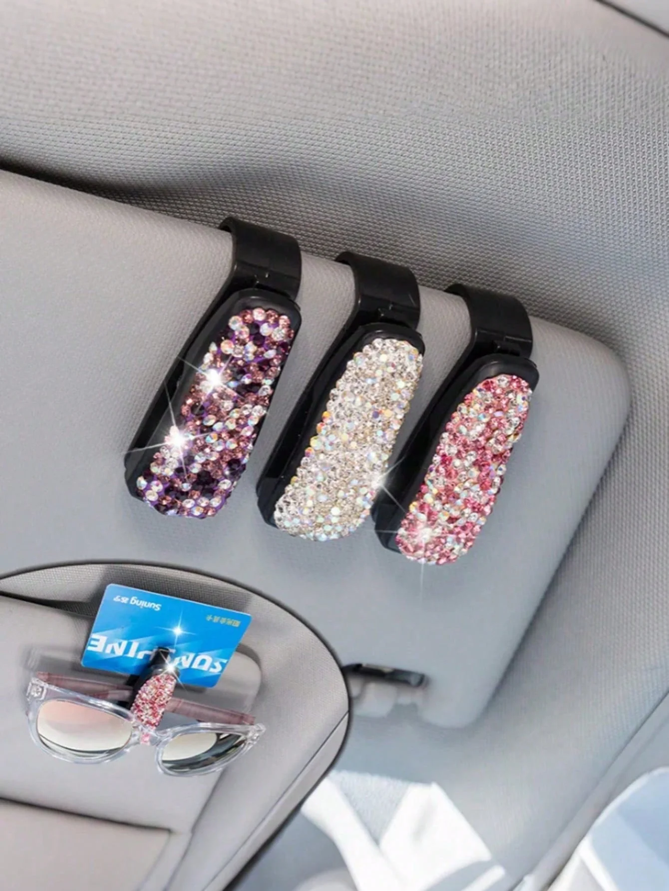 

Автомобильный держатель для очков с бриллиантами, стильный и практичный аксессуар для солнцезащитного козырька, высококачественный АБС-пластик с хрустальной инкрустацией, роскошный Ap