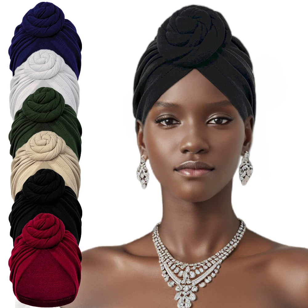 Pre-Made Knotted Turban Hat Soft and elastic Head Wraps Elegant Pleated Beanies Headscarf For Women