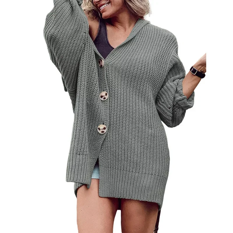 Women Knit Sweater Cardigan Single Breasted Solid Thick Coats Turn Down Collar Midi Length Coat Loose Casual Autumn Winter