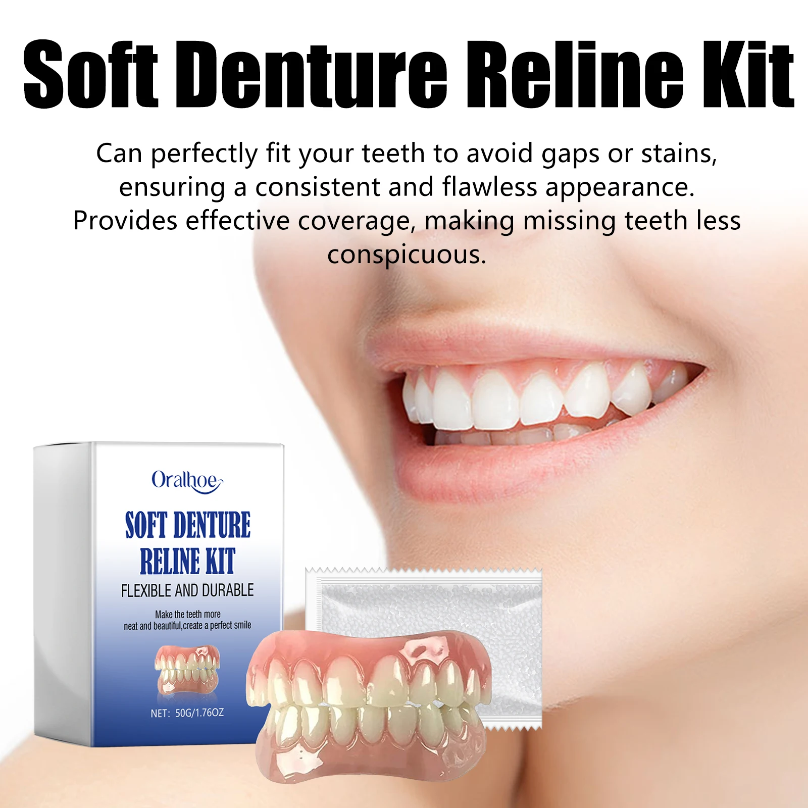 Kit de rebaixamento de dentadura macia, ajuste perfeito, reparação de dentes faltantes, conjunto completo de dentaduras superiores e inferiores, natural, fácil uso, aparelho de silicone