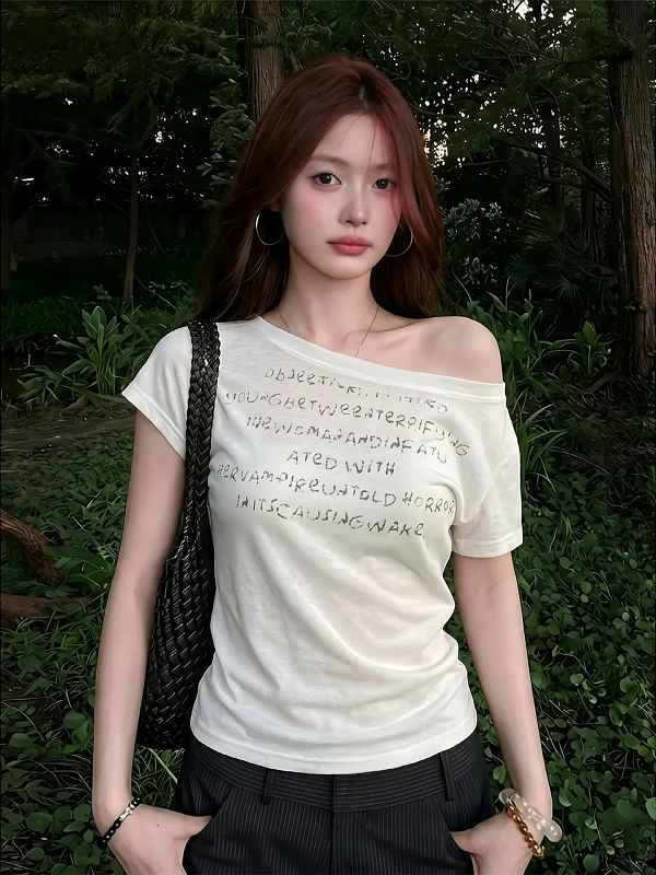plus Size Hot Girl Style White Shoulder Printed Short Sleeve T-Shirt Women's Slimming Meat Covering Summer Top Korean Version...