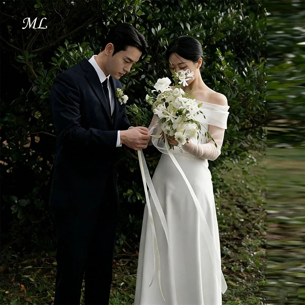 

Новинка 2026: Простое свадебное платье А-силуэта в корейском стиле для фотосессии, с длинными рукавами, открытыми плечами, длиной в пол, с корсетом на спине