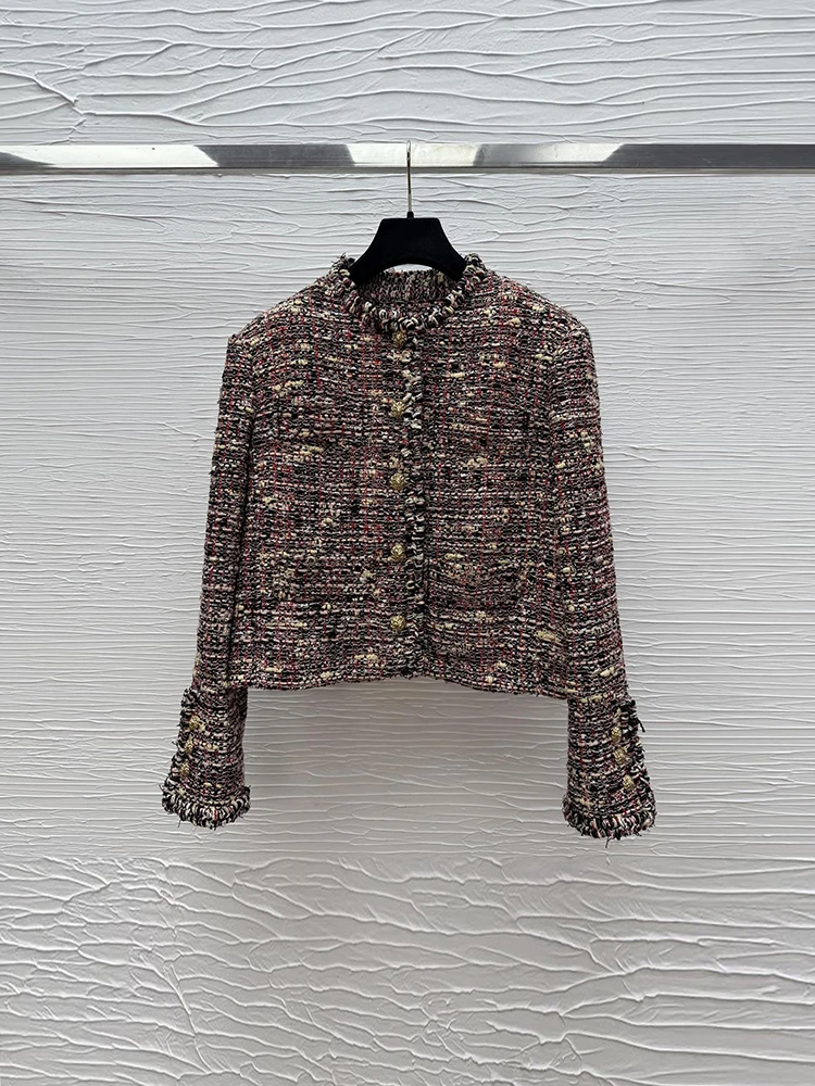Spring Autumn Fashion Outdoors Vintage Straight Barrel Tweed Jacket Women's O-Neck Single Button Long Sleeve Pocket Jacket