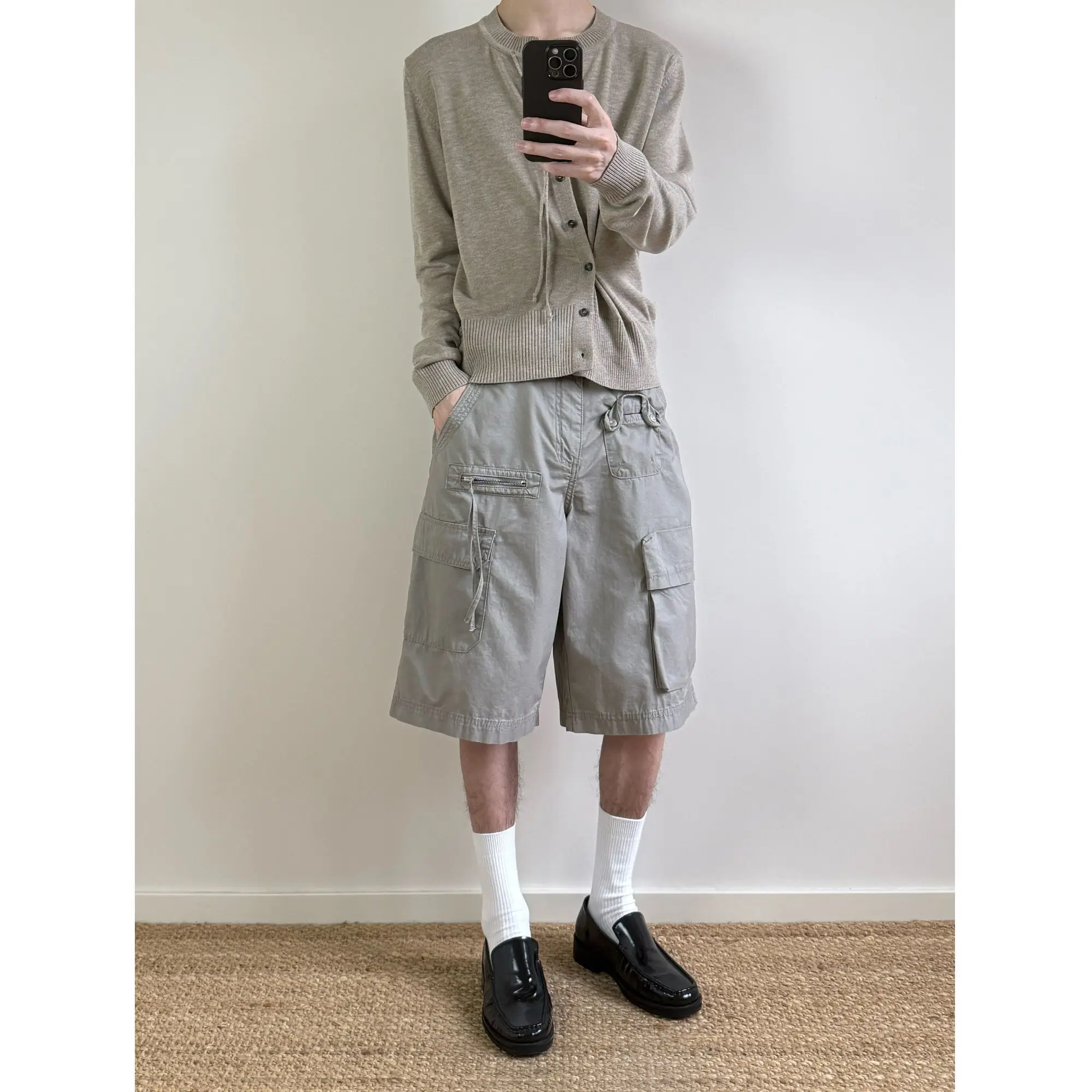 Men's Grey Knee Length Pants Shorts Summer Cool Boys Wide Leg Casual Bottom Male High Solid Color Waist Half Trousers