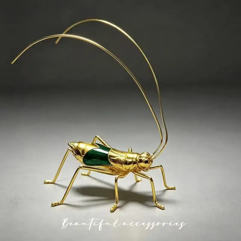 Chinese Style Golden Grasshopper Ornament Retro Enamel Craft Vintage Aesthetic Tabletop Decor for Home Office Gift