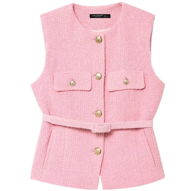

Spring 2025 Women's Belted Svel round Ne Texture Vest New Arrival Faion Versatile Single Button Closure Regular Length