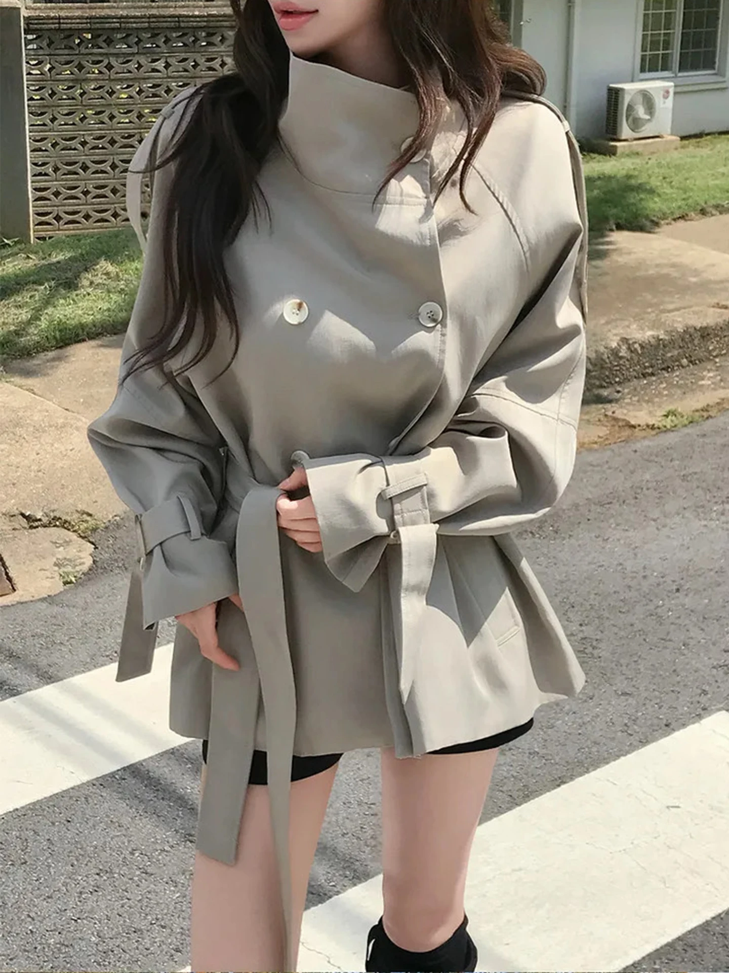 Elegant Stand Collar Double Breasted Belted Women's Coat Autumn 2026 New British Style Fashionable Windbreaker Outerwear