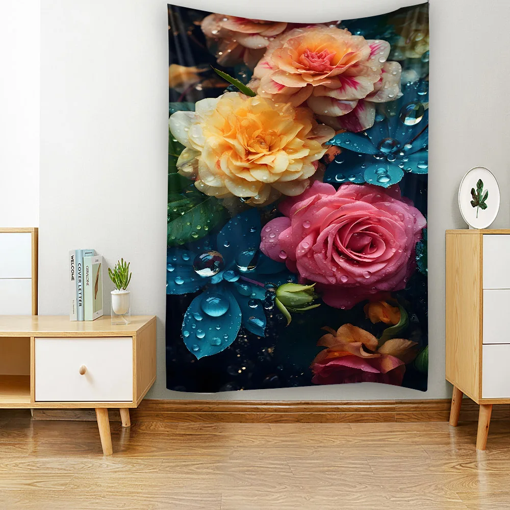 Multi-Size Flower Oil Painting Tapestry Wall Hanging Fabric Decorative Home Bedroom Dormitory Art Decor