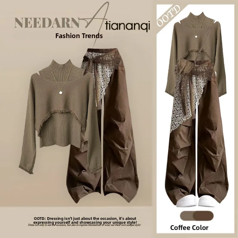 

Женский вязаный комплект Ele: свитер с длинным рукавом и брюки с высокой талией, осенний повседневный костюм из двух предметов, удобная одежда