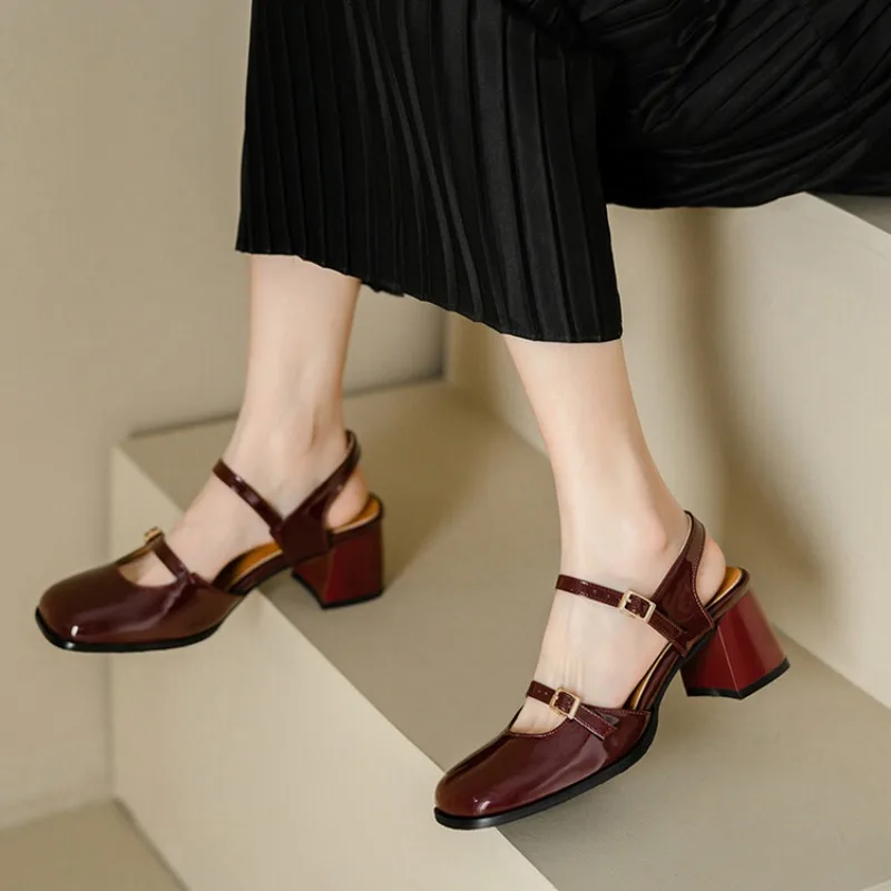 Design Girls French Female Sandals Toe Block Heels 6cm Buckle Strap Elegant Dating Women Dress Shoes Size 45 46