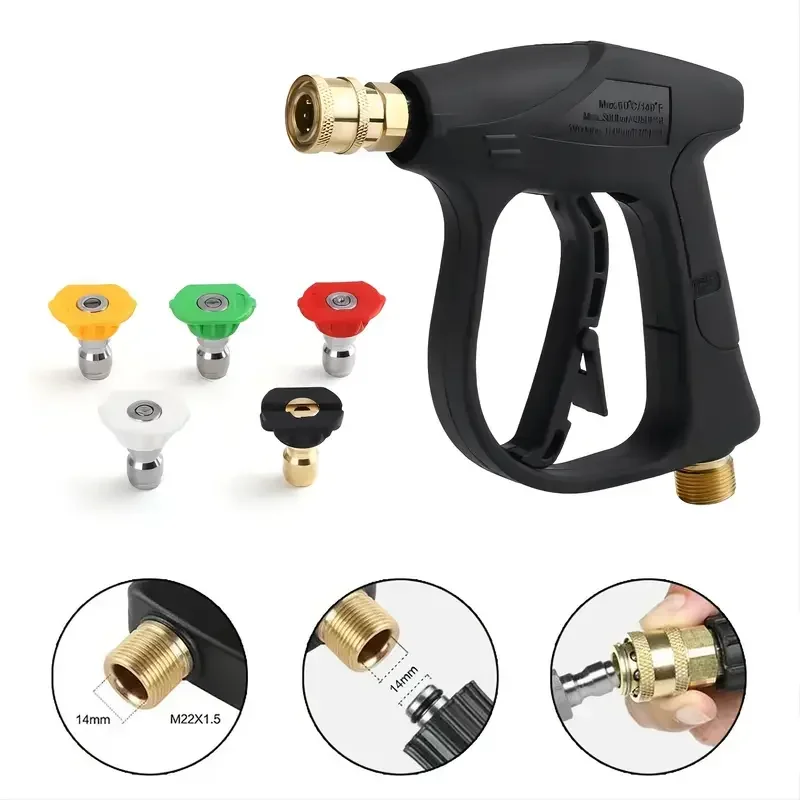 High-Power Short Pressure Washer Gun, M22-14 Thread + 5 Nozzles, No Battery Needed for Cars/Roofs/Windows Cleaning
