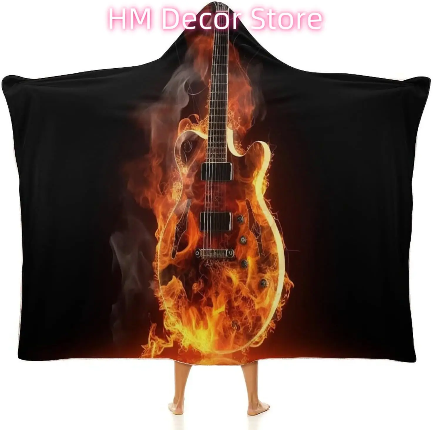 Fire Guitar Wearable Hooded Blanket, Ultra Soft Arctic Velvet Cape Cloak Unisex - Cozy Wearable Blanket
