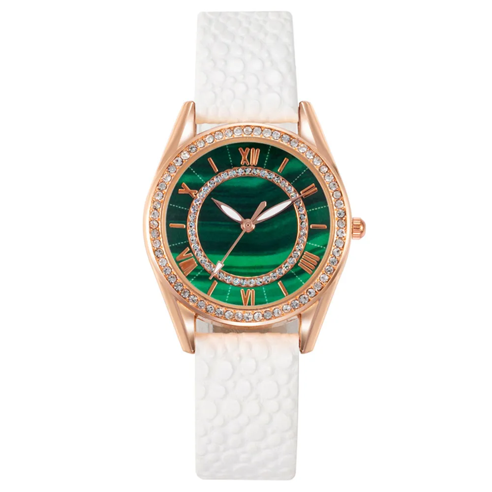 Relojes de lujo con diamantes para mujer, reloj de cuarzo con diseño de puntero verde esmeralda de Roma, cuero negro, regalo, 2023