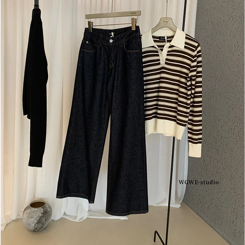 

High Waist Wide Leg Jeans Loose Fit Washed Denim Casual Straight Cut Floor Length Women's Autumn Cotton Blue Casual Jeans