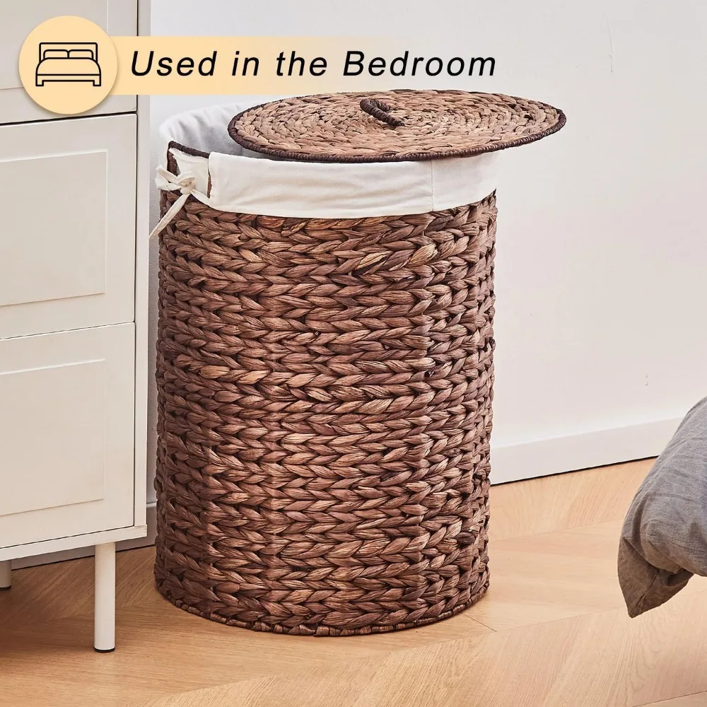 سلة غسيل من الخيزران المنسوج يدويًا مع غطاء لتخزين وتنظيم الملابس