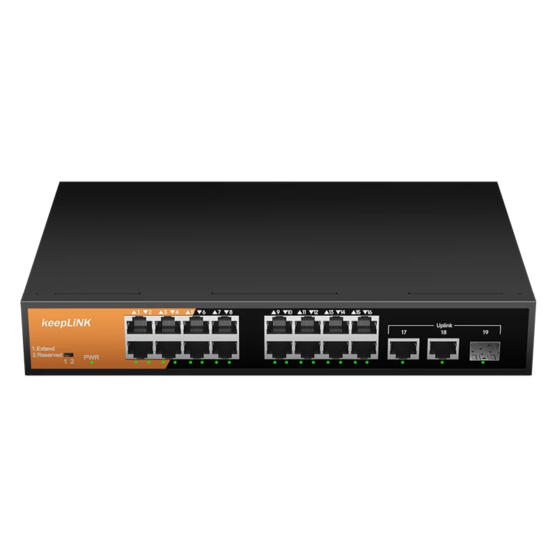 Conmutador Ethernet KeepLink de 19 puertos con Gigabit de 19 PoE 10/100M y 2-100/1000M y 1-SFP para enlace ascendente no administrado