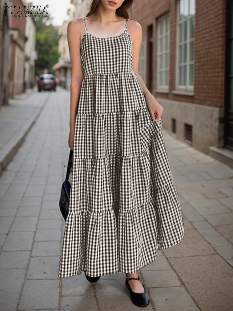 Fashion Summer Plaid Checked Sundress ZANZEA 2025 Women Maxi Dresses Stylish Casual Holiday Robe Vintage Strap Vestidos Oversize