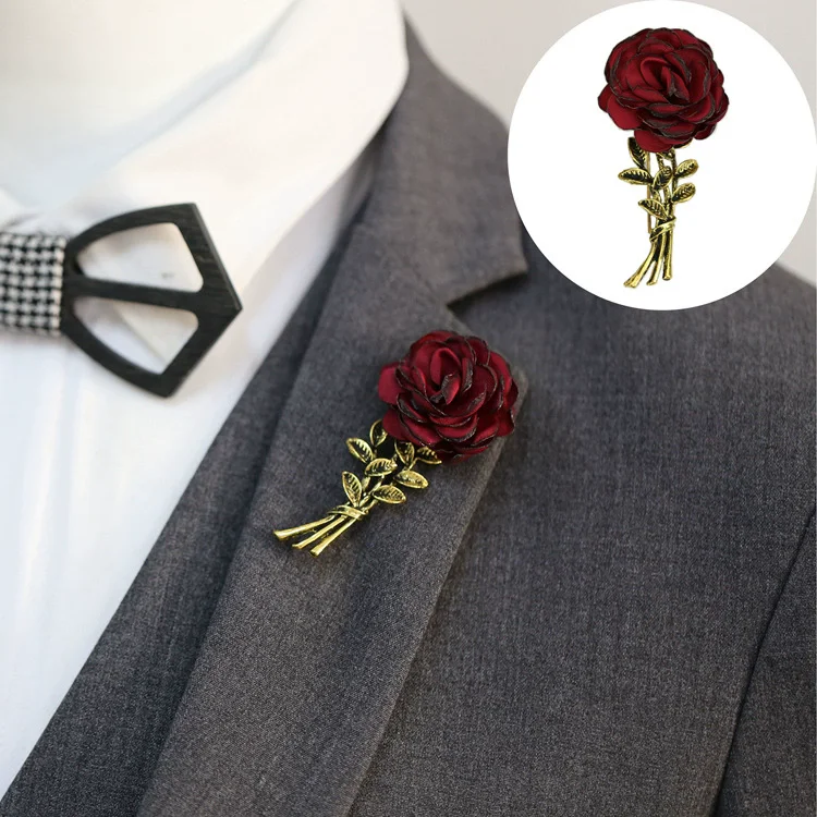 Men's Advanced Retro Breastpin Pin Golden Jewelry Rose Flower Banquet Brooch Stick Corsage Collar Pins Shirt Accessory Gift