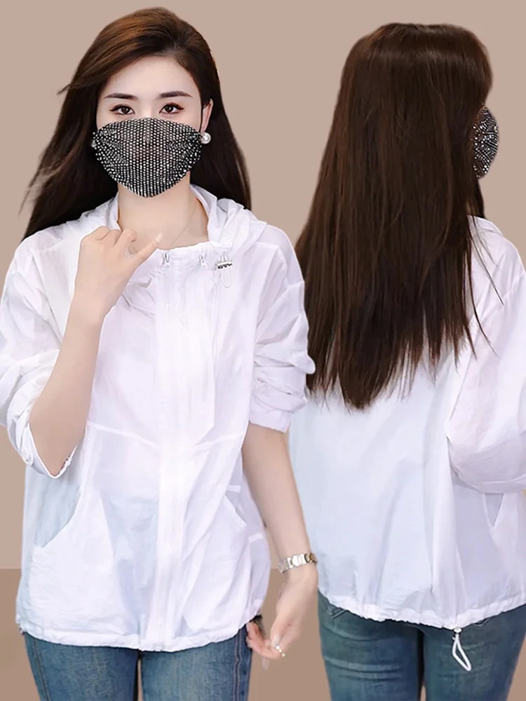 Women's Casual Loose Outdoor Fleece Jacket Summer New Style UV Protection Sunshade Zipper Closure Long Sleeve Straight Cut Coat