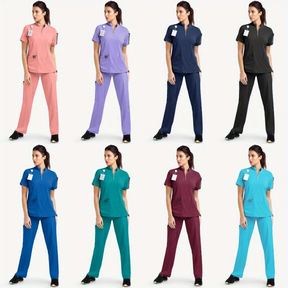 

Summer Short-Sleeve Scrubs for Women - Casual Stand Collar Set with Zipper, Suitable for Beauty Salon Scrubbing Workwear