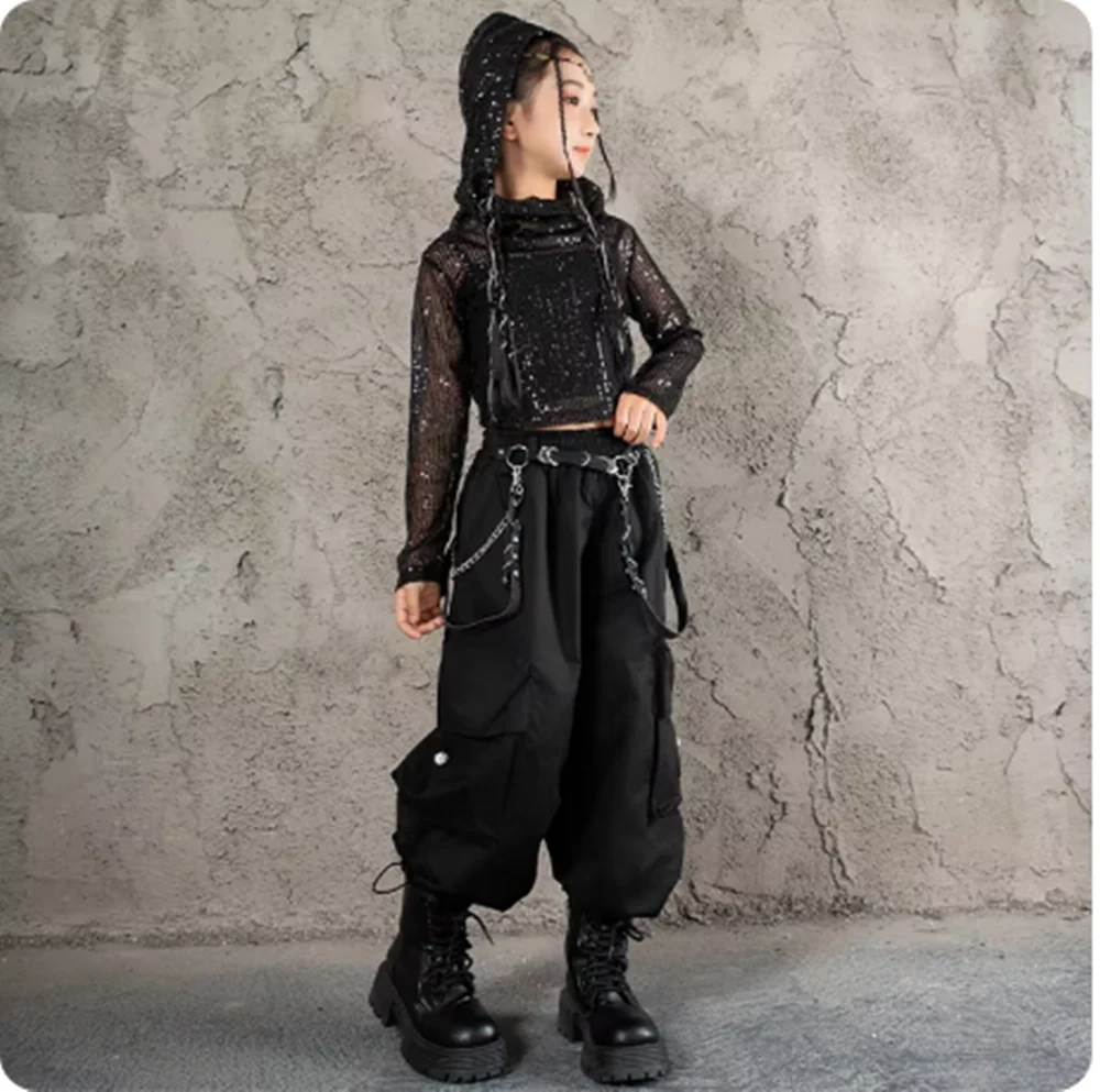 2025年 ブラック ジャズダンス ステージスーツ ガールズ KPOP ヒップホップ パフォーマンス ウェア クール キッズ ストリートダンス 衣装 パーカー カーゴパンツ 秋