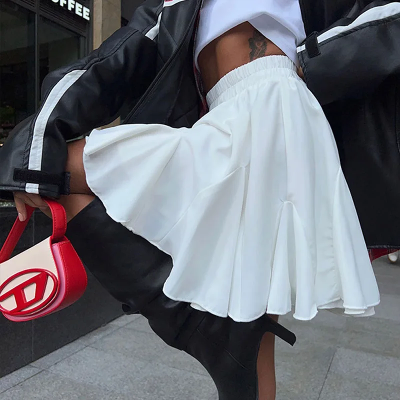 Women's Summer White Mini Skirt High Waist A-Line Vintage Ruffle Tennis Style Black Elastic Waist Cute Ruffle Short Skirts