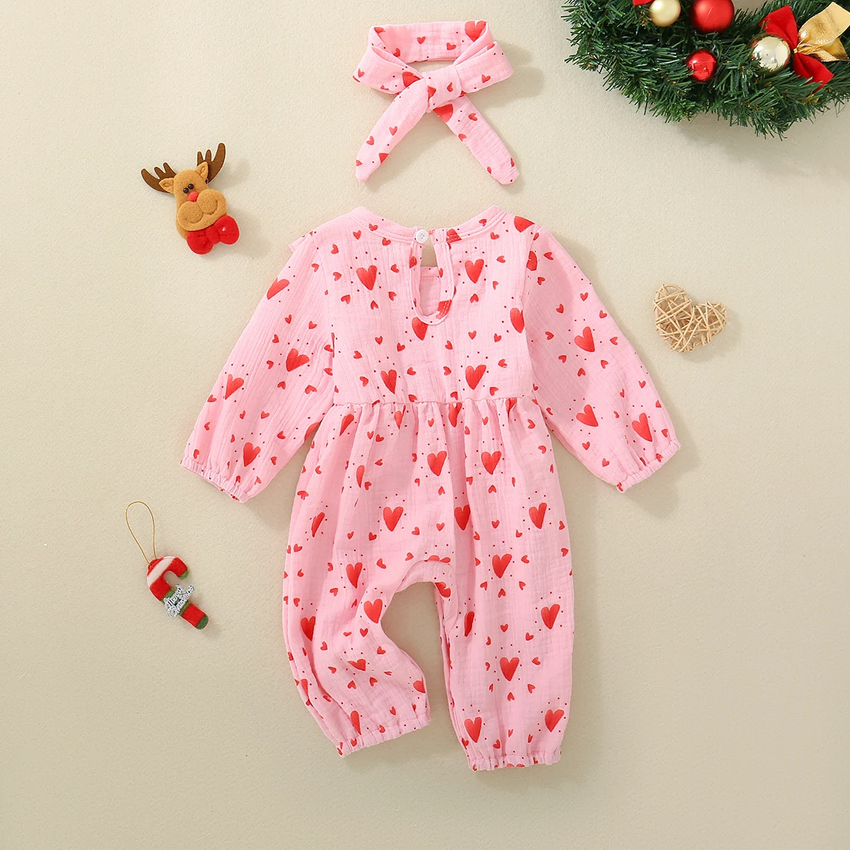 Spring Autumn Pink Santa Claus Onesie for Baby Girls with Bow Headband Sweet And Cute Long Sleeve Romper for Infants