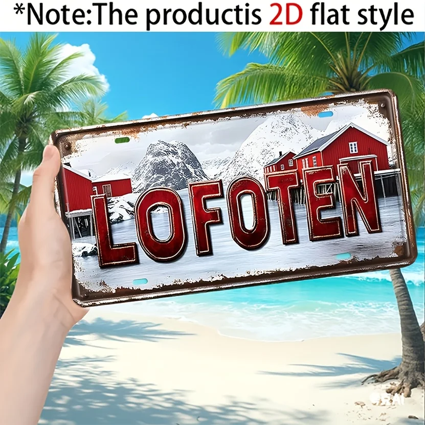 2D Flat, [2D Flat] 2D Plane - Only for Decoration. Norwegian Rovond Red Fishing House Snow Scenery Retro Distressed Metal Out