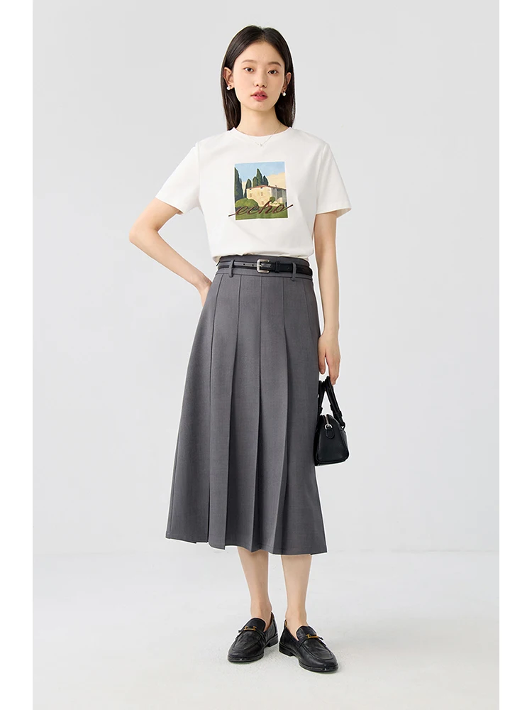 ZIQIAO High Waist A-Line Women Summer Skirt Pleated Slimming Mid-Length Versatile Casual Commuting Skirt For Female 24ZQ92054