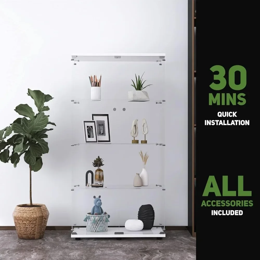 Floor Standing Glass Display Cabinet, Estante, 2 Portas, Sala de estar Armários, Branco, 4 Prateleiras