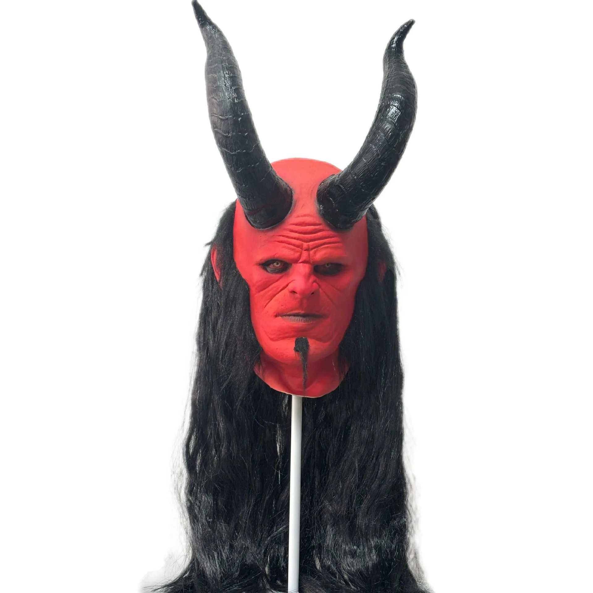 Rote Dämonen-Vollkopf-Latexmaske mit langen schwarzen Haaren, großem Horn, Monstermaske für Erwachsene, Halloween-Cosplay, Maskerade, Karnevalsparty-Requisite – Detail 6