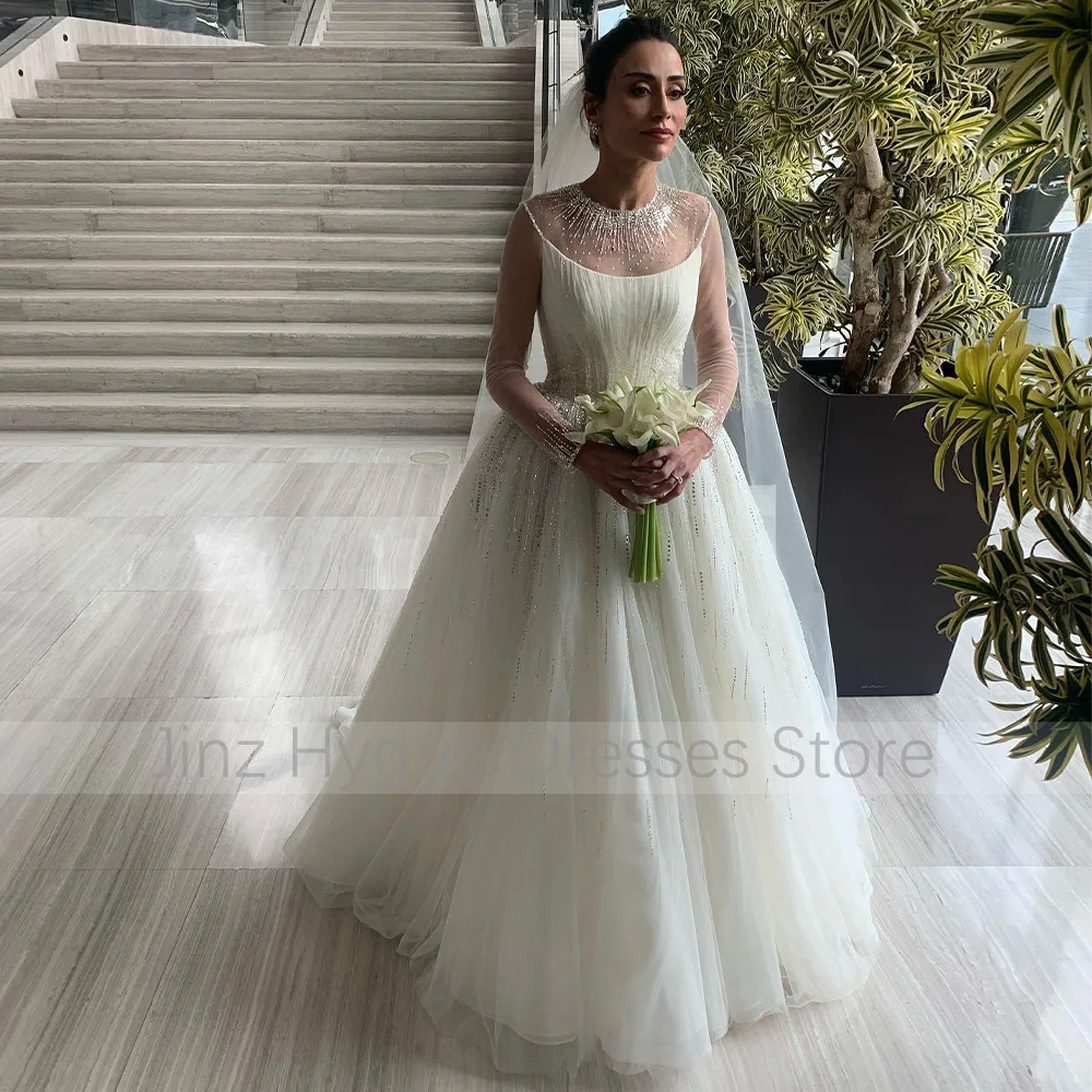 O-Neck Vestidos De Noiva Com Manga Comprida, Vestidos Longos De Tule, Marfim Linha A, Até O Chão, Beading, Casamento, Princesa, Noivas, Luxo