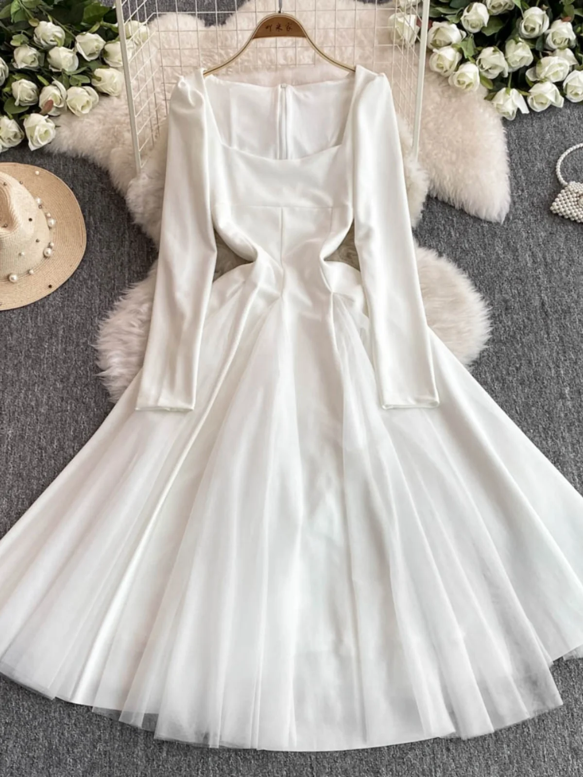 Fashion Autumn French Elegant White Tulle Party Dress For Women's Winter Long Sleeve Evening Vestidos