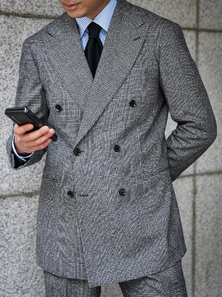Business Plaid Men Suit 2 Pieces Blazer Double Breasted Gentle Jacket Wedding Groom Causal Prom Customized trajes para hombre