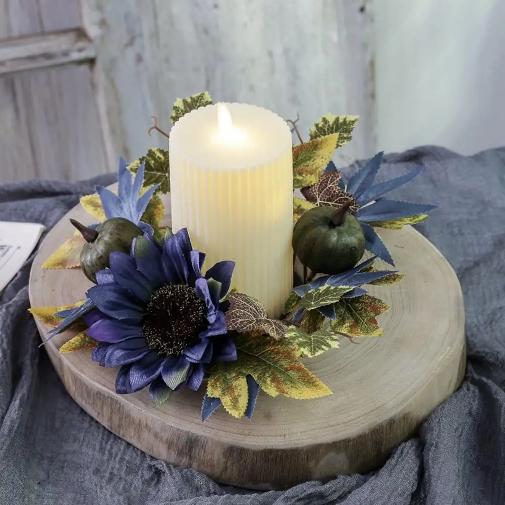 Handmade Candle Decoration Fall Harvest Candle Ring Wreath Set with Artificial Pumpkins Sunflowers Maple Leaves Boho for Home