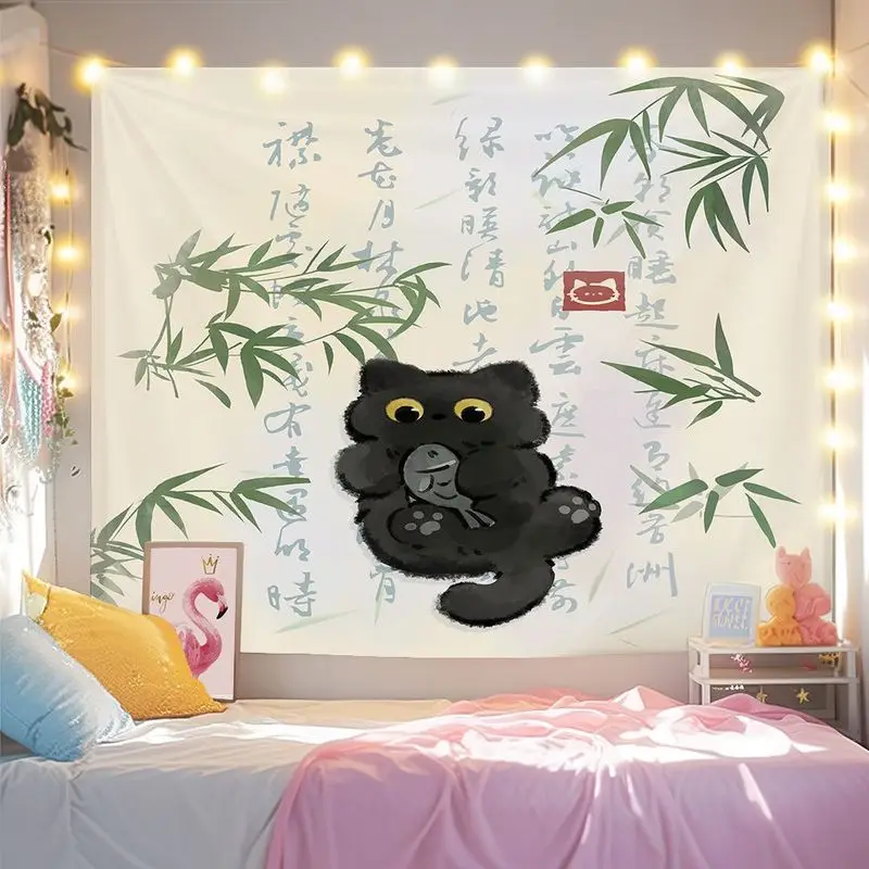 VIKAMA New Chinese Ink Black Cat Tapestry, Calligraphy Chinese Cat Cartoon Wall Art for Bedroom Living Room Decor