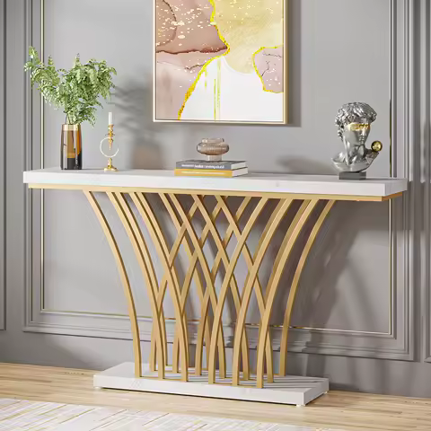 Tribesigns 59 inch Gold Console Table, Modern Entryway Table with Grid-Shaped Metal Base for Entrance, Hallway, Entryway