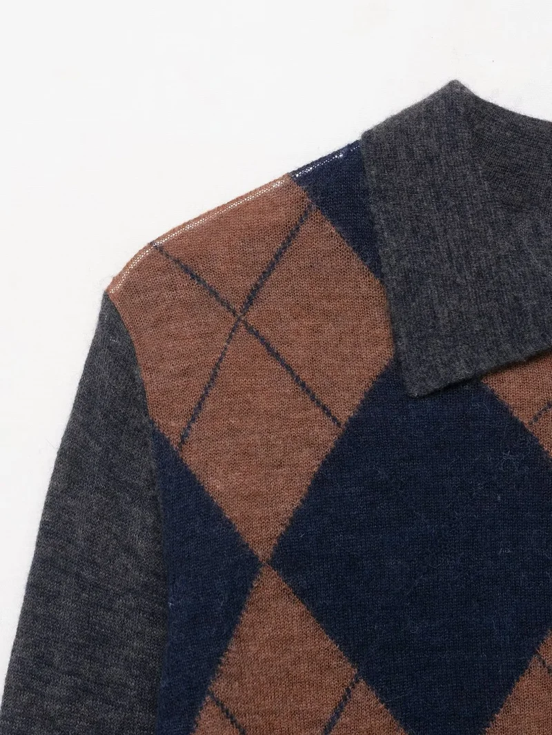 ETJ 2025 jesień nowa kolekcja odzieży damskiej, sweter z długim rękawem, cienki, dzianinowy, z kołnierzykiem polo, zdobiony diamentowym wzorem i przeszyciami.