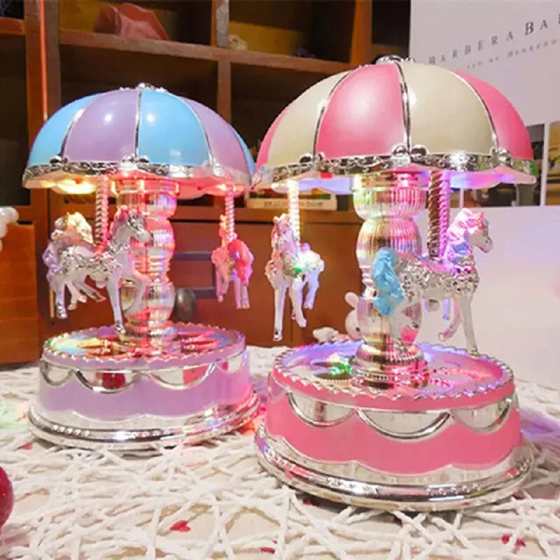 LED Classical Musical Box Mini Carousel Merry-Go-Round Music Case Christmas Gifts for Adult Kids Wedding Decor for Childrens Day