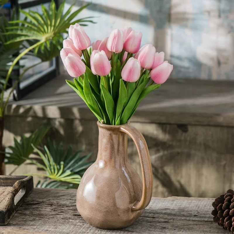 20Pcs Pink & White Artificial Tulips, 13 Inch Faux Flowers for Wedding Home Mother's Day Valentine Decor
