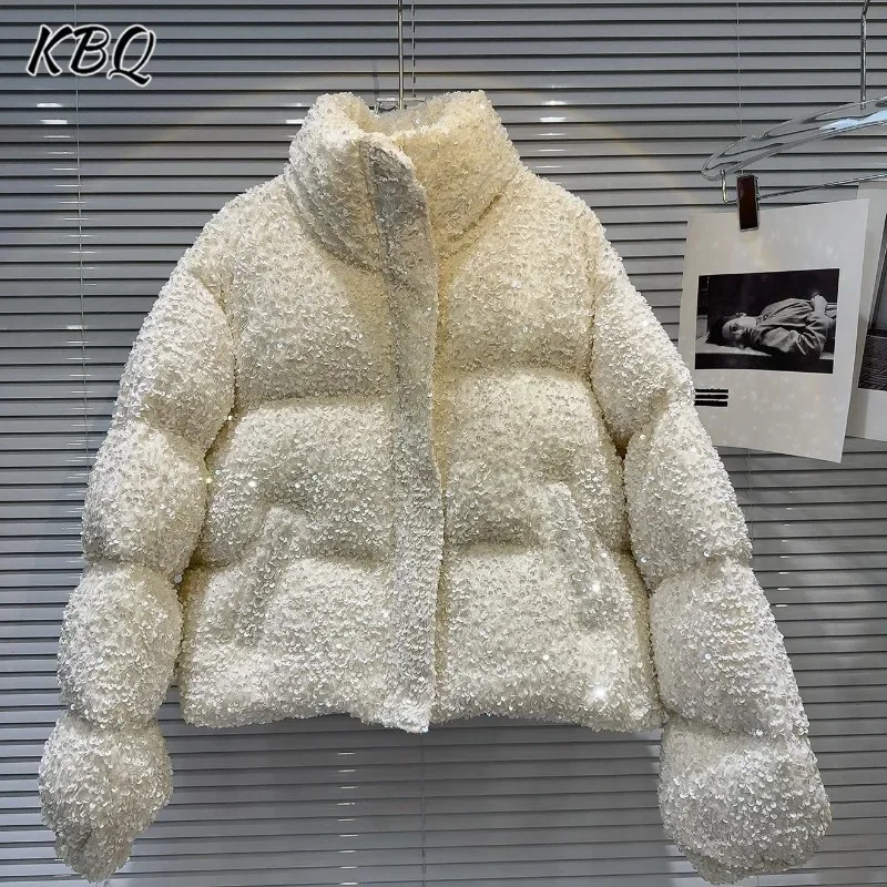 KBQ Solid Spliced ประกายลูกปัด Chic WARM Coats สําหรับผู้หญิง STAND COLLAR Patchwork Zipper Cotton Coat หญิงแฟชั่นสไตล์ใหม่