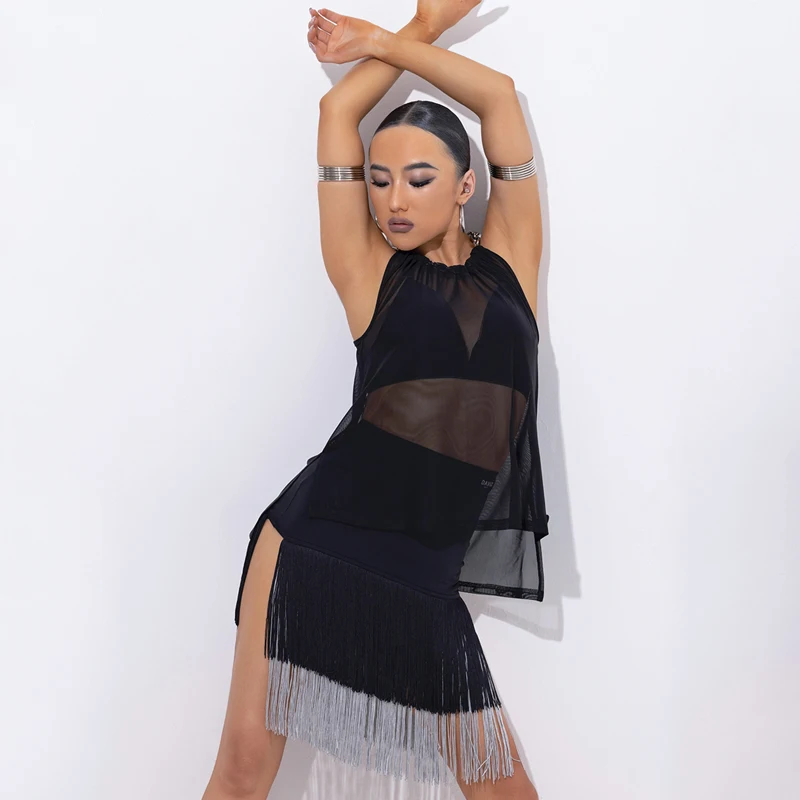 High-End 2024 New Latin Dance Competition Clothing For Women Mesh Tops Fringe Skirt Suit Chacha Rumba Latin Dance Dress DQS15820